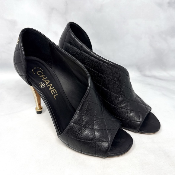 CHANEL Shoes - CHANEL Quilted Leather Open Toe D'orsay Side Cut Out Ankle Bootie Heels Black 37